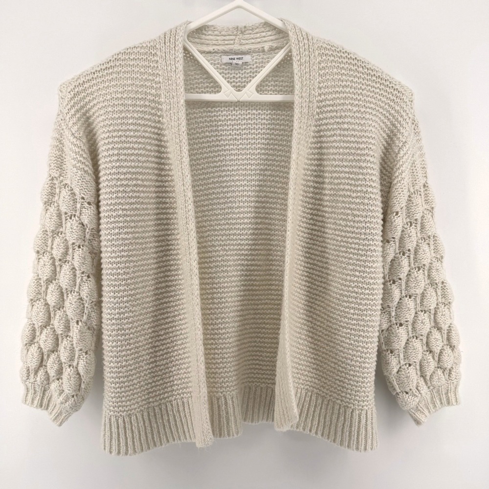 Nine West Textured Bobble Sleeve Cardigan‎ Cream Neutral Open Front Knit Medium